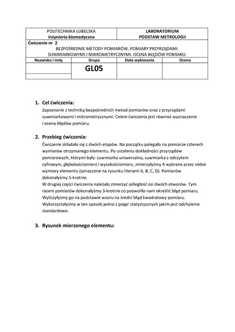 Sprawozdanie Metrologia Politechnika Lubelska In Ynieria Biomedyczna