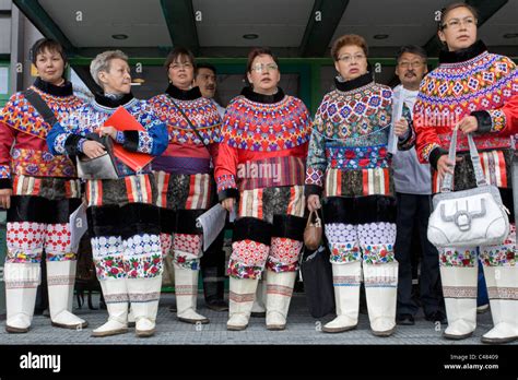 People in traditional costume on the National Day in Greenland, in ...