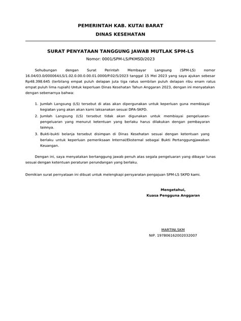 Pernyataan Pengajuan SPM-LS - 0001_SPM-LS_PKMSD_2023 | PDF