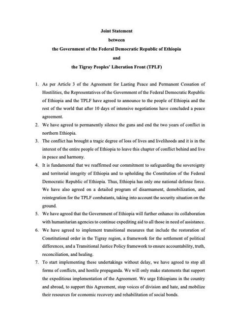 Joint Statement Between The Government Of Ethiopia And Tplf R Ethiopia