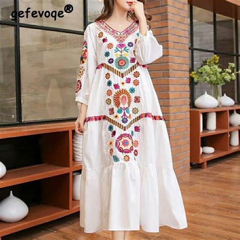 Vestidos longos bordados estilo étnico vintage boho feminino linho