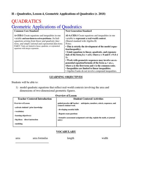 Geometric Applications Of Quadratics Pdf Area Quadratic Equation