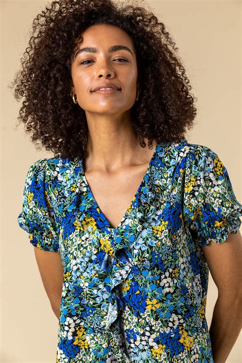 Floral Print Frill Detail Blouse In Blue Roman Originals Uk