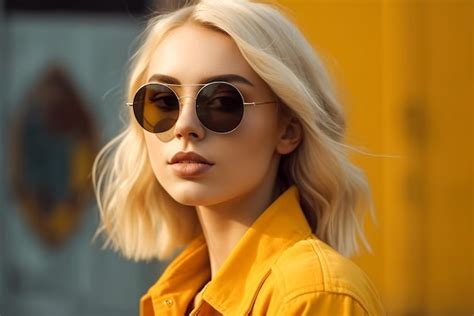 Premium Ai Image Fashionable Blonde Girl In Sunglasses And Yellow