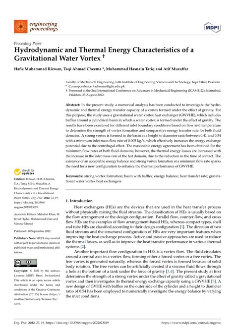 Pdf Hydrodynamic And Thermal Energy Characteristics Of A