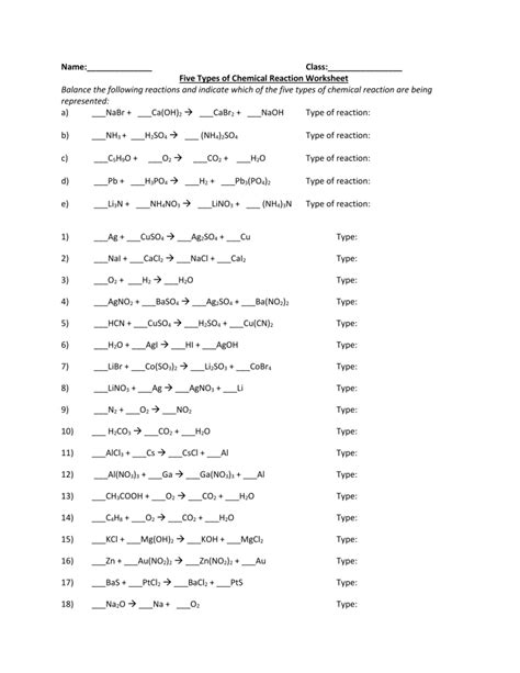 Worksheet Types Of Chem Reactions