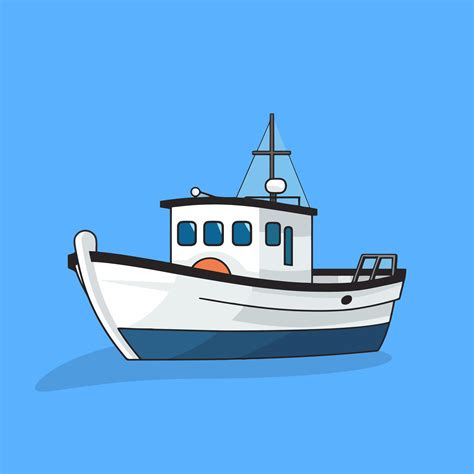 Cute cartoon-style drawing of fishing boat with a solid background. Illustration of boat ...