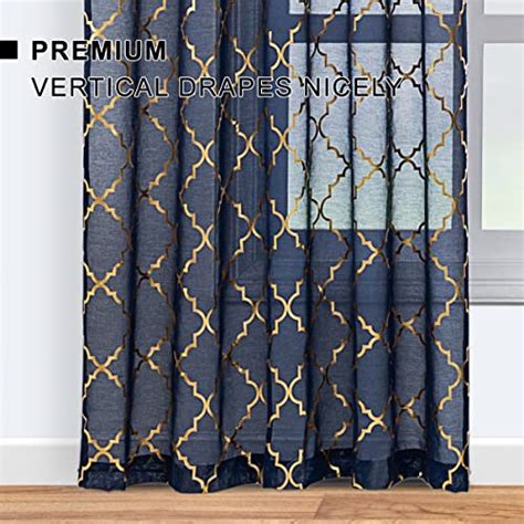 Kotile Navy Blue Gold Sheer Curtains 84 Inch Length Metallic Gold