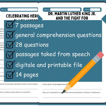 Martin Luther King Jr Reading Comprehension Passage And Activities