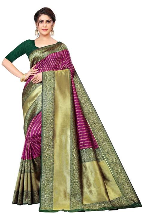 Buy Anjaneya Sarees Green Purple Designer Banarasi Silk Saree Online At