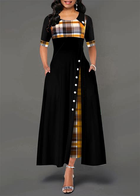 Rotita Decorative Button Plaid Ginger Round Neck Dress