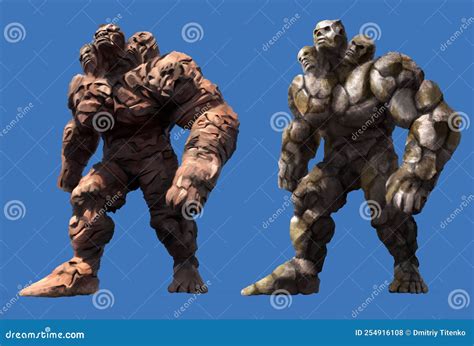 Clay And Rock Golems With Three Heads And Powerful Arms Look Up