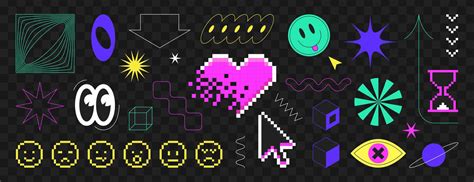 Set of y2k pixel art stickers in 8bit retro style. Smile, eyes, lines, love heart and brutalism ...