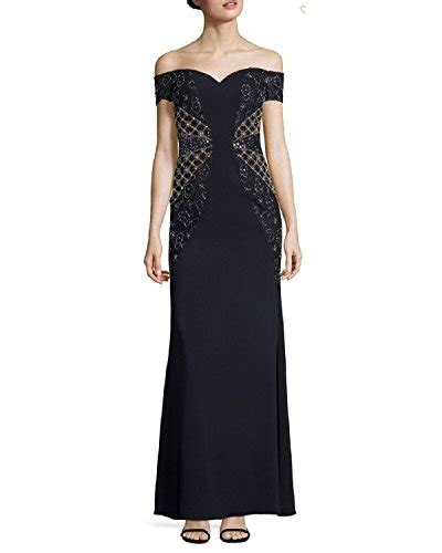 Badgley Mischka Embellished Lace Off Shoulder Evening Gown Dress Navy