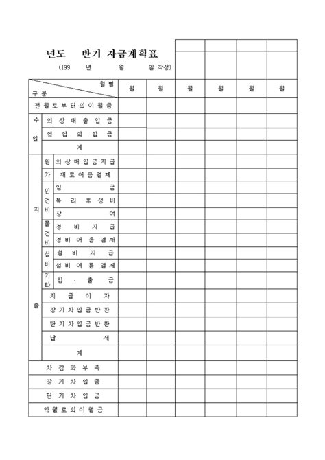 반기 자금 계획표항목별 구분 비즈폼 샘플양식 다운로드