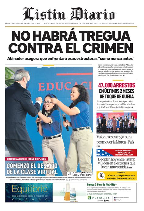 Portada Periódico Listín Diario Martes 03 De Noviembre 2020