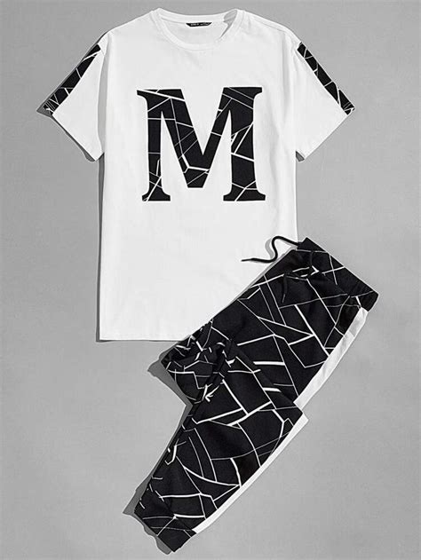 Manfinity LEGND Men Geo Letter Graphic Top Striped Side Joggers Set