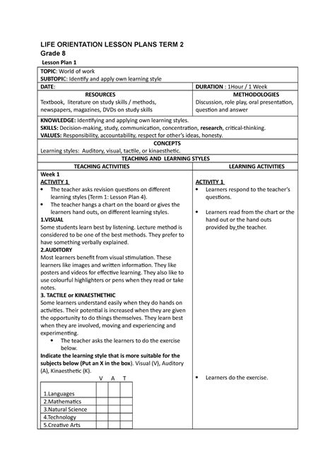 Combination Lesson Plan Grade 10