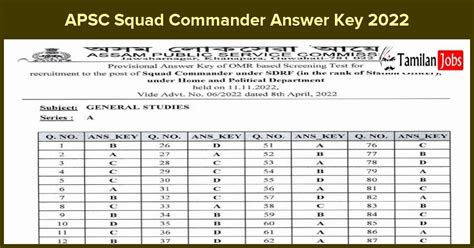 APSC Squad Commander Answer Key 2022 PDF Check Screening Test Key Here