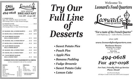 Menu at Leonard's Food Quarters restaurant, Lake Charles