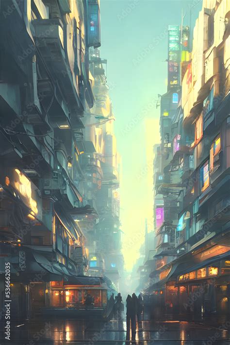 a cyberpunk city street with neonlights and dark silhouettes of people, foggy air, cinematic ...