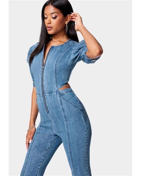 Bebe Front Zip Side Cut Out Straight Leg Denim Jumpsuit In Blue Lyst