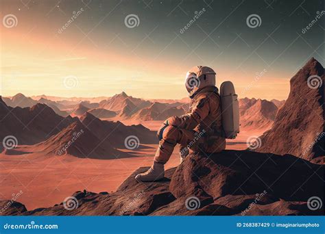 Astronaut Female In Space Suit Landed On Mars In Desert Siting On The