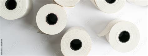 Rolls of white labels isolated. Labels for direct thermal or thermal ...