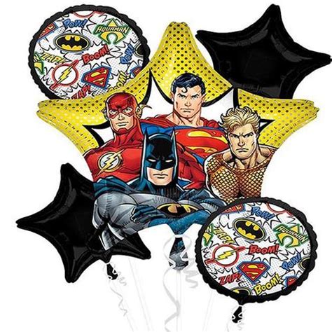 Justice League Mylar Balloon Bouquet Inflated With Helium And Attached