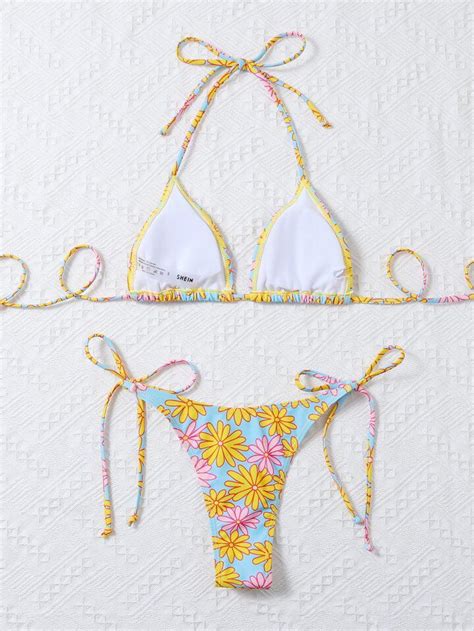 Bikini Malla Celeste Con Flores Triangulo Saldos Vip Tienda Virtual