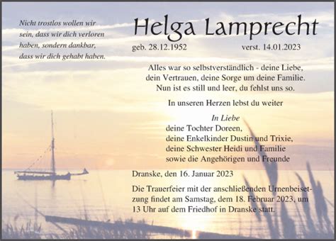 Traueranzeigen Von Helga Lamprecht Trauer Anzeigen De