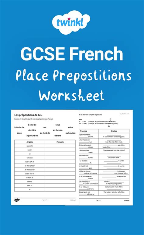 GCSE French Place Prepositions Worksheet Prepositions French