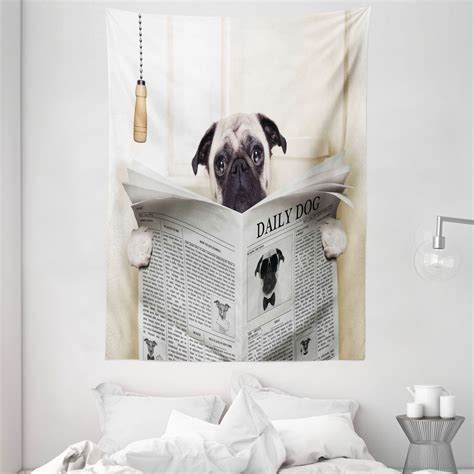 Pug Tapestry, Puppy Reading the Newspaper on the Toilet Bathroom Funny