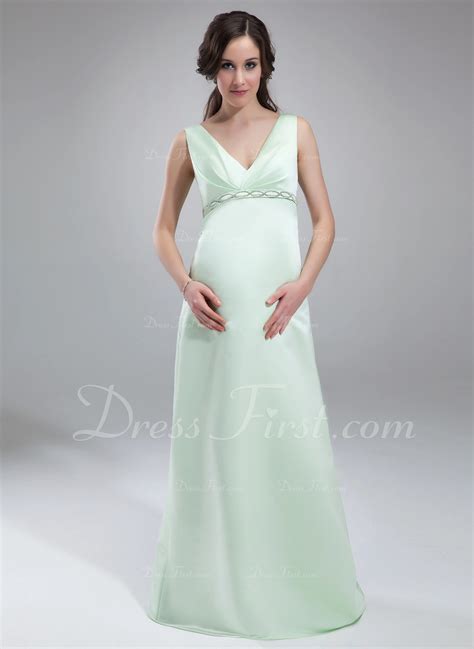 Empire V Neck Floor Length Satin Satin Maternity Bridesmaid Dress With