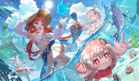 Nyansan Oekaki Genshin Impact Klee Lumine Nilou Paimon Bikini Garter Swimsuits Wet 1105483