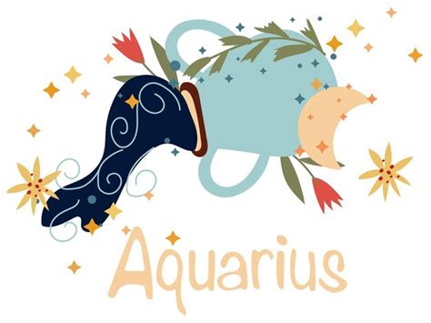 Premium Vector Aquarius Zodiac Sign With Colorful Leaves And Stars