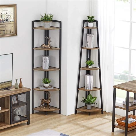 Fatorri Industrial Corner Bookshelf 5 Tier Tall Corner Bookcase Wood