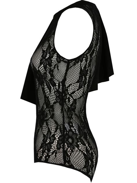 Black High Neck Lace Bodysuit With Single Ruffled Shoulder Design