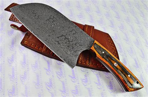 Hand Forged Damascus Steel Laminate Wood Cleaver Kitchen Knife With