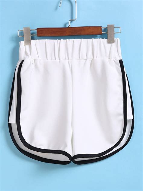 Elastic Waist Contrast Edge White Shortsfor Women Romwe