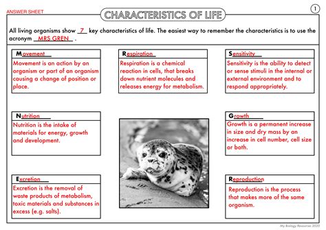 Gcse Biology Characteristics Of Life Mrs Gren Worksheet Pack