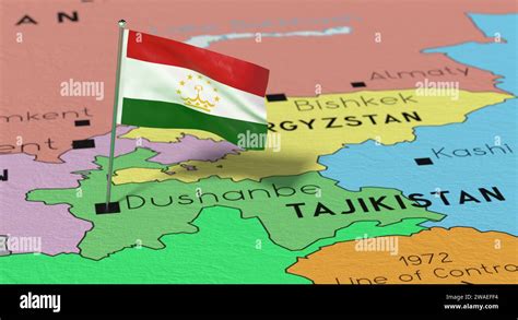 Tajikistan Dushanbe National Flag Pinned On Political Map 3D