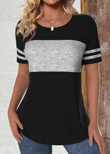 Black Patchwork Short Sleeve Round Neck T Shirt Modlily USD 25 98