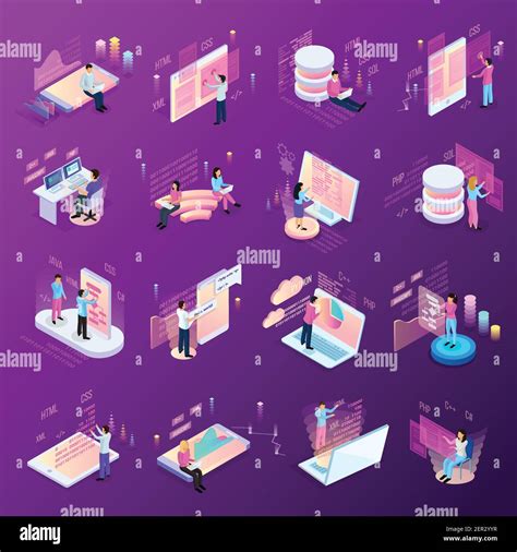 Freelance Programming Isometric Icons Set Of Isolated Human Characters And Modern Interfaces