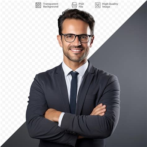 Premium Psd A Man With Glasses And A Tie Stands In Front Of A Logo