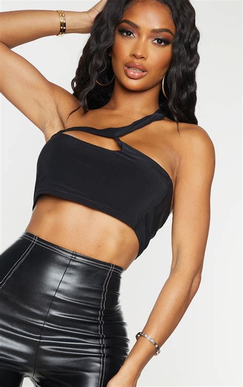 Shape Black Slinky One Shoulder Crop Top Prettylittlething Usa