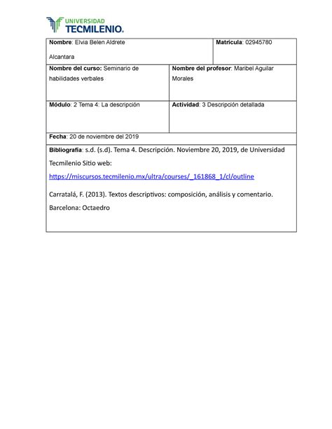 Actividad 3 Descripción detallada Nombre Elvia Belen Aldrete