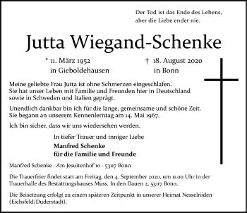 Traueranzeigen Von Jutta Wiegand Schenke Trauer Anzeigen De