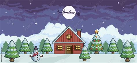 Pixel art christmas landscape at night with red house, christmas tree ...