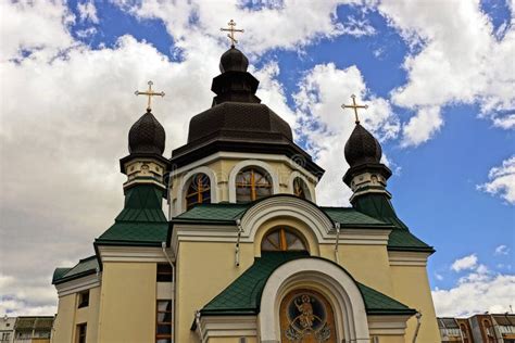 Beautiful Christian Temple With Domes And Crosses Against The Sky Stock